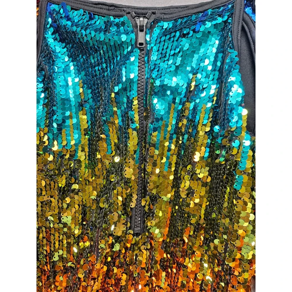 Rainbow Sequin Long Sleeve Romper Festival Rave Ombre Bodysuit Multicolor L/XL